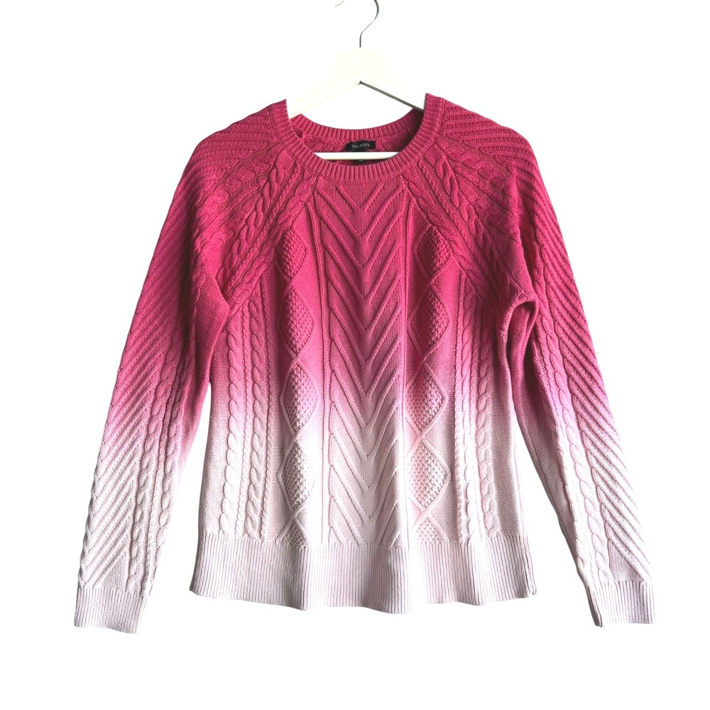 Talbots Pink Ombre Cable Knit Sweater Magenta Gradient Crew Neck, wms small